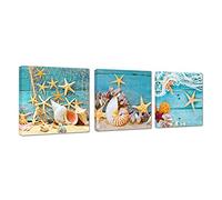 Yatehui Coastal Wall Art 3 Panel Seascape Giclee Canvas Prints Starfish Seashell on Beach Landscape Pictures Paintings for Bathroom Kitchen Decoration Ready to Hang 12x12 inches