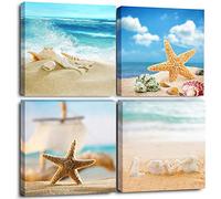 Yatehui - Coastal Wall Art 4 Panel Seascape Giclee Canvas Prints Seashell Starfish on Beach Landscape Pictures Paintings for Bathroom Kitchen Decoration - Ready to Hang 12x12 inches