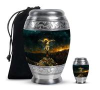 YATHABHISA Jesus Cross Urn, Decorative Urns For Mom & Dad - Combo Of 1 Large Urn With Velvet Bag And 1 Small - Cremation Urns For Human Ashes Adult Female - Miniature Urn - Cremation Ash Keepsakes