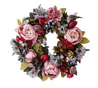 Yatihugy Artificial Peony Wreath for Door Decorations,Four Seasons Wreath Front Door for Indoor Outdoor,Floral Door Wreath for Wedding Birthday Living Room Decor Red-retro Peony 25cm