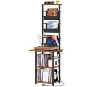 YATINEY 3-Shelf Vinyl Record Player Stand with 3 Fabric Bins, Holds up to 200 Records, Vinyl Record Storage with AC, USB-A, and Type-C, for Living Room, Bedroom, Rustic Brown and Black XCD01KBR