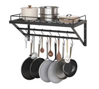 YATINEY Wall Mount Pot Pan Rack, Saucepan Storage, 2-Tier Kitchen Shelves Wall Mounted with 12 S-Hooks, Heavy Duty Metal Grid for Wall Storage, Space Saving for Kitchen, Bathroom, Black XPR01BK
