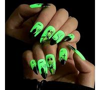 Yatinkim 24PCS Almond Halloween Long Fake Nails Press on Nail Artificial Tips Fluorescent Glow at Night Green Matte French Funny Easter Party