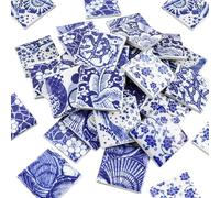 Yatinkim Flower Pattern Square Porcelain Tiles Ceramic Mosaic Tile Glazed Hand Painted Blue White Pottery Pieces Bathroom Floor Pool Decor 11x11 Inch