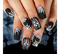 Yatinkim Short Press on Nails Halloween Black Square Fake Nails Matte White Spider Web Rhinestones Manicure Acrylic Artificial Nail for Women Gilrs 24PCS