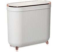 Yatmung Small Bathroom Trash Can with Lid - Slim Decorative Garbage Can - Press-Top Trash Bin for Bedroom, Home Office, Narrow Space, Plastic - 12 Liter Waste Paper Basket - White with Rose Gold Legs