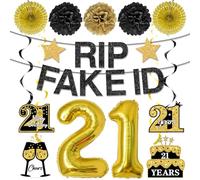 Yatufom 21st Birthday Decorations for Him, Pre-Strung 21st Birthday Rip Fake ID Banner Number 21 Balloon Hanging Swirls Paper Pompoms & Fans for Girl, Black Gold 21 Year Old Party Decor Supplies