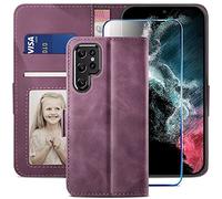YATWIN Compatible with Samsung Galaxy S22 Ultra Case, Flip Wallet Leather Case with Screen Protector and Card Slot Kickstand Phone Cases Cover for Samsung S22 Ultra - Wine Red