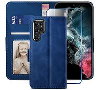 YATWIN Compatible with Samsung Galaxy S22 Ultra Case, Flip Wallet Leather Case with Screen Protector and Card Slot Kickstand Phone Cases Cover for Samsung S22 Ultra - Blue
