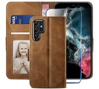 YATWIN Compatible with Samsung Galaxy S22 Ultra Case, Flip Wallet Leather Case with Screen Protector and Card Slot Kickstand Phone Cases Cover for Samsung S22 Ultra - Brown