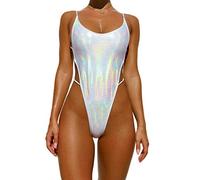 YAUASOPA Sexy Liquid Metallic Glitter One Piece Push Up Swimsuit Female Shiny Solid High Cut Beachwear, Light Silver, Medium