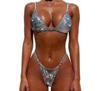 YAUASOPA Women Shiny Bikini Micro Sexy String Two Pieces Swimsuit Female Thong Swimwear - Black - Small