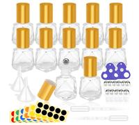 Yauhar 12Pcs 8ml/0.27oz Travel Essential Oil Roll On Bottle with Stainless Steel Ball Gold Cap Set Contains Polygonal Clear Glass Roller Bottle, Openers, Droppers, Funnels and Labels