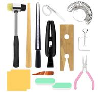 Yauhar 14Pcs Jewelry Making Tool Set Contains Flat Nose Jewelry Pliers, V-Slot Bench Pin Clamp, Wood Ring Mandrel Shaper, Rings Size Measuring Tools, Mallet Hammer, Steel Ring Sizing Gauge Sizers