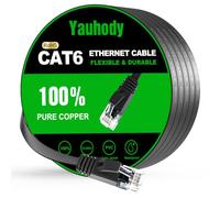 Yauhody Ethernet Cable 15m, High Speed Solid Flat Cat6 15m, Black | Gigabit Internet Network LAN Patch Cord, Pure Copper, Snagless RJ45, RoHs, TIA/EIA Compliant, for Mdem, Router, PC, TV