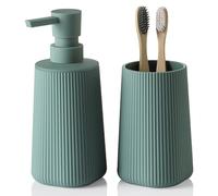 YAUKPH Bathroom Accessories 2 Piece Soap Dispenser and Toothbrush Holder Set Striped Sage Green