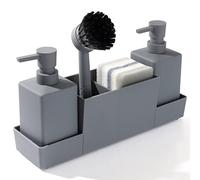 YAUKPH Kitchen Soap Dispenser with Sponge Holder Set for Sink, Hand and Dish Soap Dispenser with Brush, Matte Grey