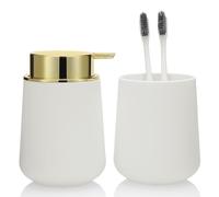 YAUKPH White and Gold Bathroom Accessories 2 Piece Set Modern Luxury Matte Plastic Soap Dispenser Toothbrush Holder Ideal for Bathroom Decor and Storage