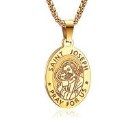 YAUMATEA Saint Joseph Pendant Necklace for Men Women Patron Saint of Universal Church, unborn children, and a happy death Amulet Protection Medal Stainless Steel 24 inches(Saint Joseph, Gold)