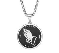 Yaumatea - Serenity Prayer Prayer Necklace with Praying Hands Coin Pendant for Men Women Lords Bible Prayer Courage Verse Wisdom Stainless Steel 24", 3.05 cm, Stainless Steel, No Gemstone