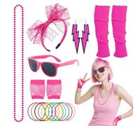 YAUOIPI 19Pcs 80s Fancy Dress for Women Girls, 80s fancy dress accessories 1980s Fancy Party Costume Accessories Set, Headband Earrings Fishnet Gloves Necklace Bracelet Leg Warmers Glasses (Rose Red)