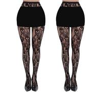 YAUOIPI 2 Pairs Womens Black Fishnet Patterned Halloween Tights, Fishnets Tights for Women Womens Patterned Fishnet Tights High Waist Skull Sexy Stockings For Gothic