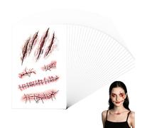 YAUOIPI 30 Sheets Halloween Temporary Tattoos, Zombie Scars Tattoos Stickers, Fake Scab Blood Special Fx Costume Makeup Props, Wounds Scars and Stitches Make Up, for Masquerade Decoration (Red)
