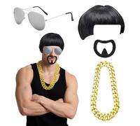 YAUOIPI 4 Pcs Ibiza Final Boss Costume Accessory Set, 60s 70s 80s Funny Bowl Cut Wig, Fake Goatee Beard, Gold Thick Chain, Silver Glasses, Mushroom Wig, for Movie Role Play, Cosplay Halloween (Black)