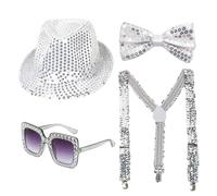 YAUOIPI 4 Pcs Jazz Dance Disco Costume Set, Sequins Hat, Suspenders, Bow Tie, Square Bling Sunglasses, 70s Sequins Accessories, for 70s Disco, Hip-Hop, Theme Party, Hen Party Night (Sliver)