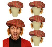 YAUOIPI 4 Pcs Scottish Tartan Hat With Ginger Hair, Tartan Beret, Scot Hat With Wig, Scottish Fancy Dress, Scotland Sport Supporter Cap, for St Andrews Day, Scotland Burns Night (Red)