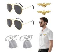 YAUOIPI 6 Pcs Aviator Costume Set, Adults VE Day Pilots Costume,Solider Pilot Fancy Dress Kit, Aviator Glasses, Pilot Badge, Military Style Dog Tags, for Cosplay Dress up Party Theme Halloween (Army)
