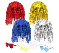 YAUOIPI 8 Pcs Foil Tinsel Wig and Sunglasses Set,Foil Strands Foil Shiny Party Wig,Cosplay Wigs for Fancy Dress,for Adults Men Women Cosplay Christmas Halloween Photo Props (8 PCS)