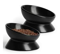 YauYik Cat Bowls Anti Vomiting, Raised Cat Food Bowls, Tilted Elevated Cat Bowl, 10 Oz Ceramic Pet Food Bowl for Flat Faced & Short Leg Cats, Small Dogs, Dishwasher Safe (Black, 2 Pack)