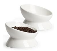 YauYik Cat Bowls Elevated, Raised Cat Food Bowls for Indoor Cats, Puppy, Ceramic Tilted Kitty Dish, 6 Inch Whisker Friendly Anti Vomit Pet Feeding Station, Dishwasher Safe (White, 2 Pack)