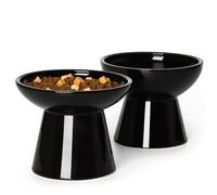 YauYik Extra Wide Raised Cat Food Bowl - Ceramic Cat Bowls for Food and Water, Elevated Shallow Dish, Whisker Stress-Free, Great Height for Cats - 2 Pack, Black