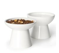 YauYik Extra Wide Raised Cat Food Bowl - Ceramic Cat Bowls for Food and Water, Elevated Shallow Dish, Whisker Stress-Free, Great Height for Cats - 2 Pack, White