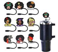 Yaveron 9Pcs Black Girl Straw Topper Cover for Stanley 30oz Tumbler Straw Cap Reusable Straw Tips for 0.24-0.32inch Straws Cup Accessories
