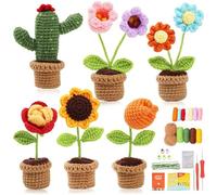 YAVINSI Beginner Crochet Kit, DIY 6pc Mini Flowers with Pot, Complete Craft Set & Videos Tutorials, Crochet Gift for Adults