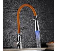 YAWEDA New 360 Degree Swivel Faucet Single Hole Kitchen Faucet, Deck Mount Pull Out Dual Sprayer Nozzle Kitchen Mixer Tap,Orange with Light