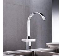 YAWEDA Simple Waterfall Kitchen Faucet Square Dual Handle Stainless Steel Basin Faucets 360 Swivel Chrome Mixer Sink Tap