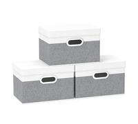 Yawinhe Collapsible Storage Box 3 Pack, Fabric Clothing Shelf Basket with Lid, for Organizing Home, 38x25x25cm, White/Grey, SNK023WGL-3