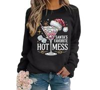 yawslaw Santa Favorite Hot Mess Sweatshirt for Women Margarita Graphic Shirt Merry Christmas Long Sleeve Pullover Tops, Black, S