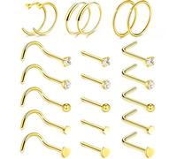 YAWYO 21 Pcs Nose Piercing Kit, Stainless Steel Gold Nose Studs Rings L-shaped with Cubic Zirconia, Piercing Jewellery for Men Women
