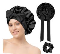 YAWYO Silk Bonnet for Sleeping, Satin Bonnet Night Sleep Cap with Elastic Band Silk Cap for Hair Sleeping with Scrunchie for Women Girls Long, Straight, Curly Hair (Black)