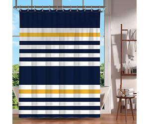YAXI Navy Blue Yellow and White Stripes Pattern Shower Curtain Water Repellent Fabric Shower Curtains for Bathroom 72x72 inches Modern Shower Curtain Set with 12 Hooks
