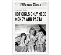 YAXZLWR Vintage Black And White Canvas Wall Art Prints Little Women Fun Newspaper Room Aesthetic Funky Italian Kitchen Girly Decor Hot Girls York News Only Need Money And Pasta Posters, Noodle