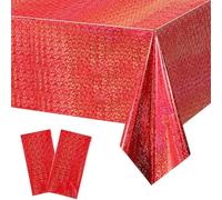 yayafunfun 2 Pack Metallic Red Tablecloth for Party, 137x274cm Red Iridescent Table Cloth, Plastic Holographic Table Cloths Foil Table Cover for Birthday, Christmas, Rainbow Disco Party Decorations