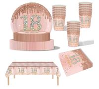 YaYaFunFun 69pcs Rose Gold 18th Birthday Party Tableware Set with 32P Paper Plates, 20P Napkins, 1P 18th Table Cloth, 16P Paper Cups for Women's Birthday Party Decorations