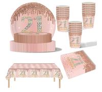 YaYaFunFun 69pcs Rose Gold 21st Birthday Party Tableware Set with 32P Paper Plates, 20P Napkins, 1P 21st Table Cloth, 16P Paper Cups for Women's Birthday Party Decorations