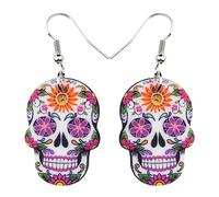 YAYAKO Acrylic Halloween Novelty Sugar Skull Earrings Dangle Drop Punk Gothic Jewelry for Women Cute Charms (Pink)